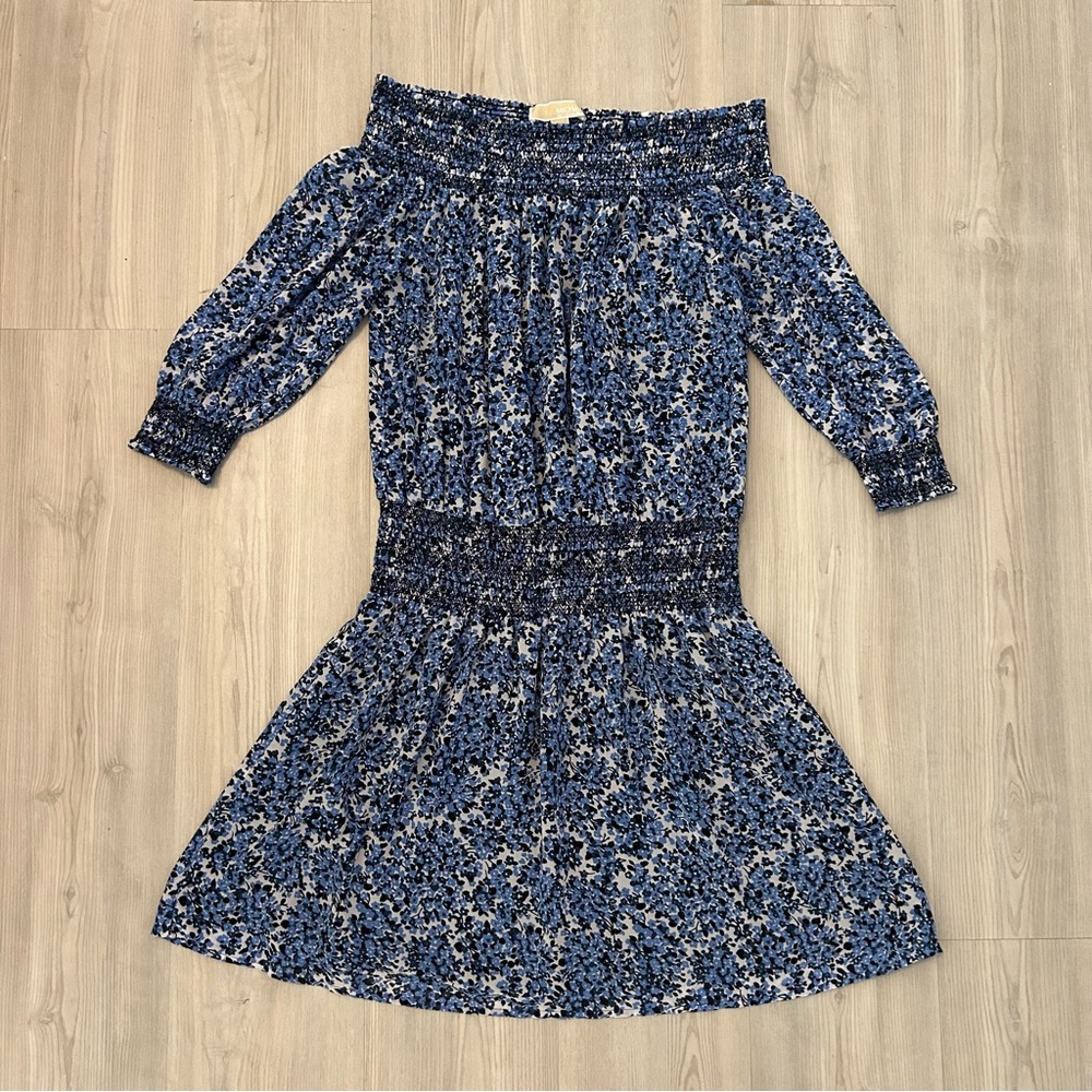 Michael Michael Kors Chiffon Off Shoulder Dress Navy Blue